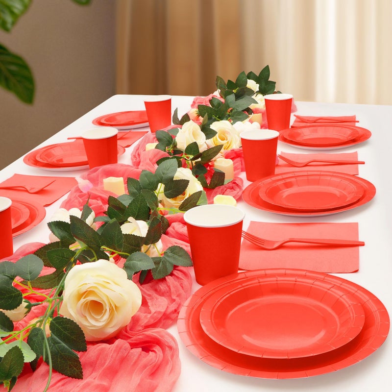CENLBJ Red Paper Plates and Napkins Party Supplies, Include 9â€™â€™Disposable Red Plates, 7â€™â€™Dessert Plate and Cups and Napkins Forks Set for Valentines Days, Birthdays, Weddings, Graduations, Serves 25 - Image 5