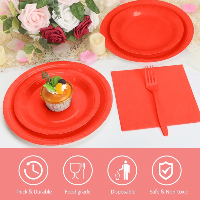 CENLBJ Red Paper Plates and Napkins Party Supplies, Include 9â€™â€™Disposable Red Plates, 7â€™â€™Dessert Plate and Cups and Napkins Forks Set for Valentines Days, Birthdays, Weddings, Graduations, Serves 25 - Image 3