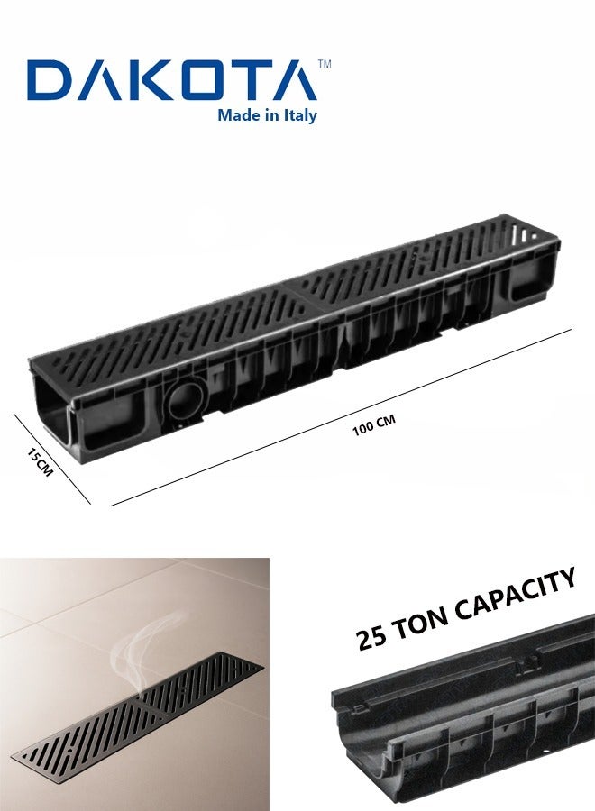 Dakota Floor Channel Grating | Drainage Channel Gratting with Bottom Trunch  for Garage, Water Rain Storm, Under Ground Parking, Under the Villa Gate, Service Center, Animal Farm,Wet Room, Garden, Driveway – 100x15 cm HDPE Plastic C-250 (25 Ton) Ductile Grating, 1Mtr Length, Heavy Duty Ductile Iron Gratting EN-1433. Made in Italy - Image 1