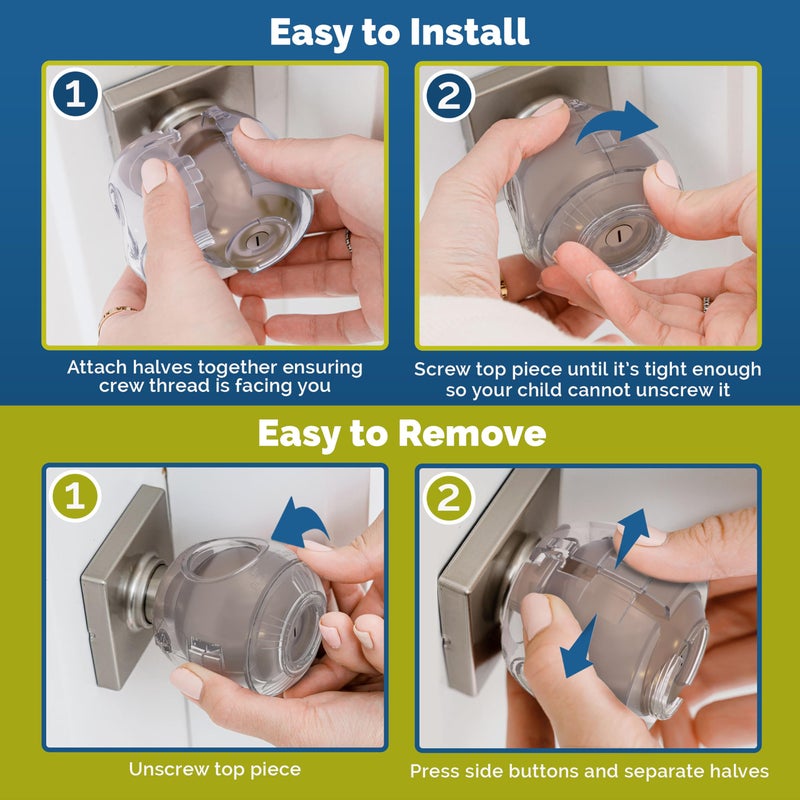 Wappa Baby Child Safety Door Knob Cover (4 Pack) Hard-to-Remove Dual-Lock Door Handle Covers for Kids - Reusable Baby Proof Door Knob Locks - Installs Easily, No Tools Needed (Transparent) - Image 3