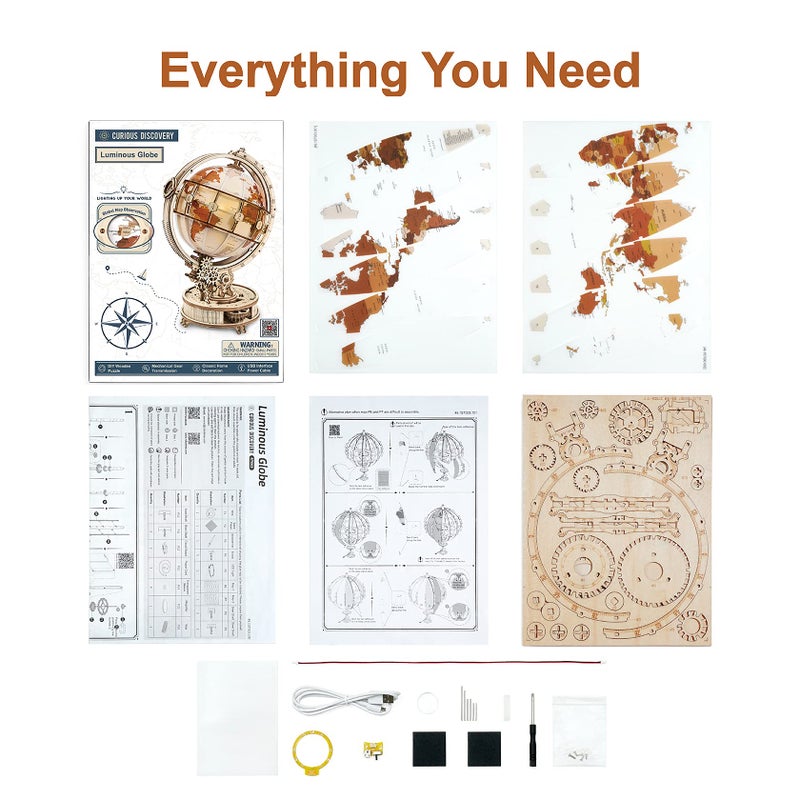 ROBOTIME ST003 Luminous Globe - Wooden 3D Puzzles for Adults with LED Light - Globe Model Building Kit for Teens & Adults - Image 2