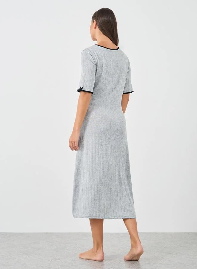 Styli Styli Textured Rib Contrast Edge Bow Detail Night Dress