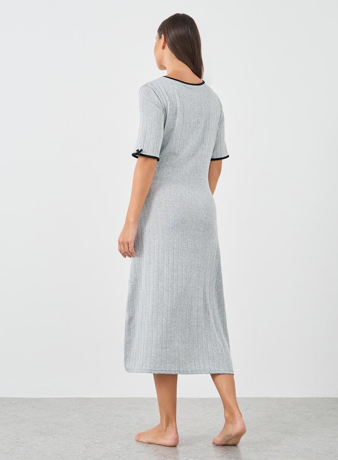Styli Textured Rib Contrast Edge Bow Detail Night Dress - Image 4