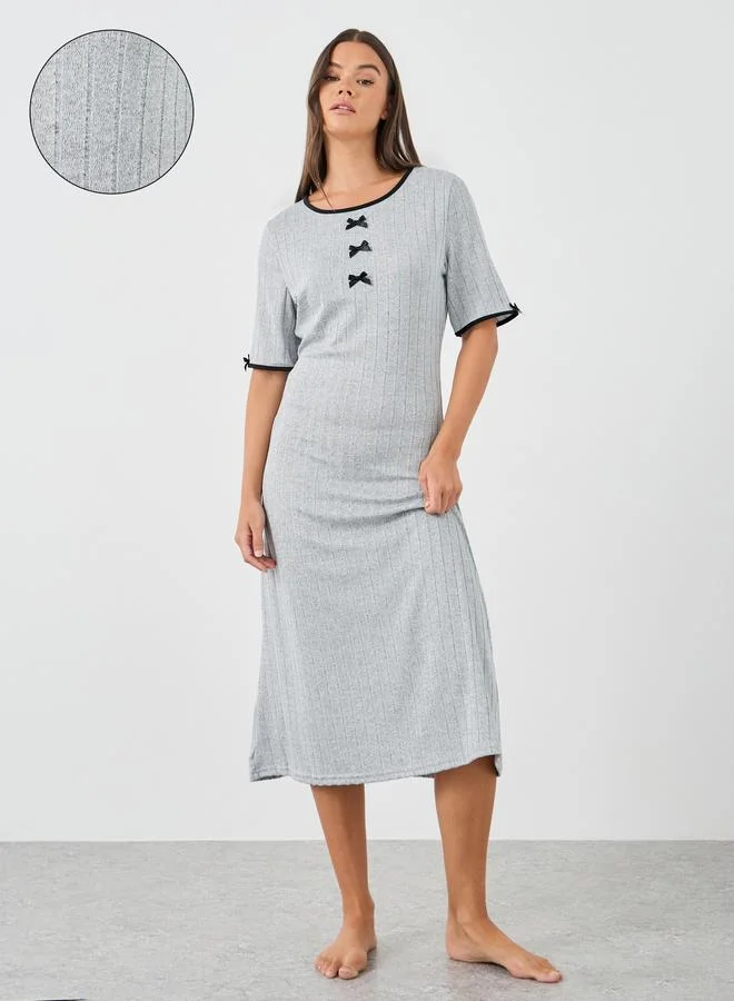 Styli Styli Textured Rib Contrast Edge Bow Detail Night Dress