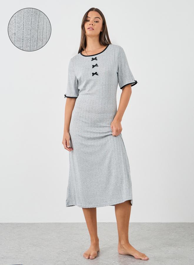 Styli Textured Rib Contrast Edge Bow Detail Night Dress - Image 1