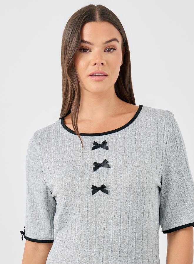 Styli Textured Rib Contrast Edge Bow Detail Night Dress - Image 3