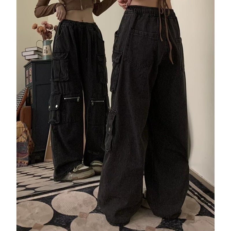 American Style High Street Multi-Pocket Functional Tooling Jeans Mens Vibe Fashion Brand Street Hip-Hop Loose Wide-Leg Pants Black 