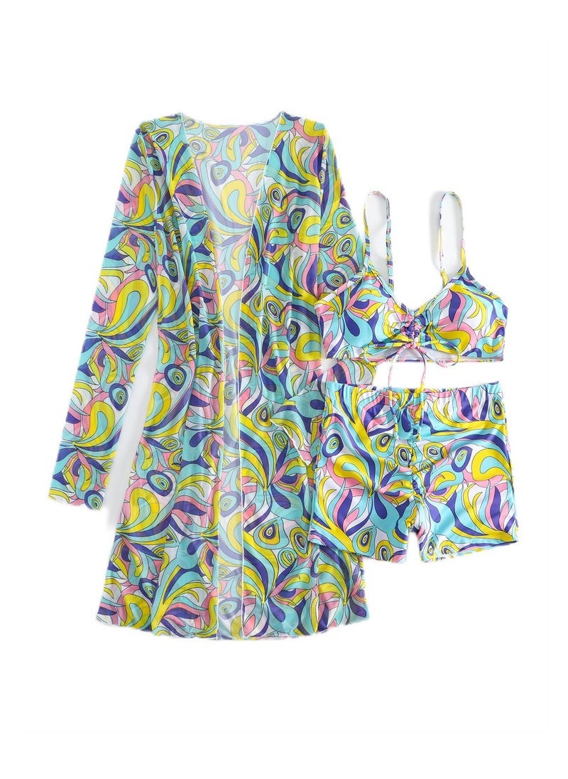 NADANBAO Outdoor 3pcs high waisted long sleeve cover-up lace-up beach swimsuit set - Image 1