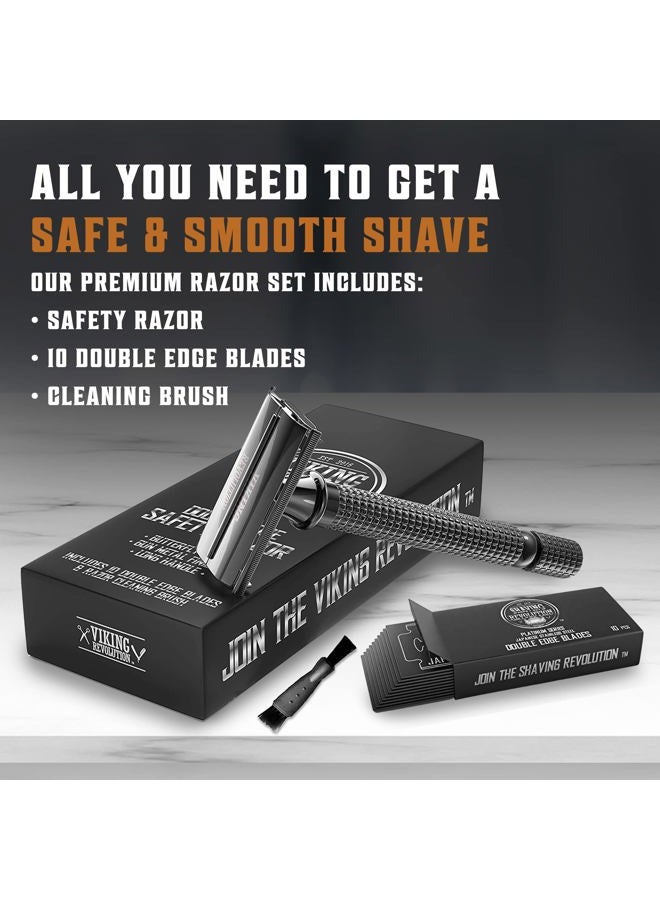 SHAVING REVOLUTION شفرة حلاقة آمنة مزدوجة الحافة بمقبض طويل - شفرة مفتوحة على شكل فراشة مع 10 شفرات مزدوجة الحافة من الفولاذ المقاوم للصدأ الياباني - شفرة حلاقة قريبة ونظيفة للرجال، مقبض طويل أسود، مجموعة مكونة من 12 قطعة - Image 2