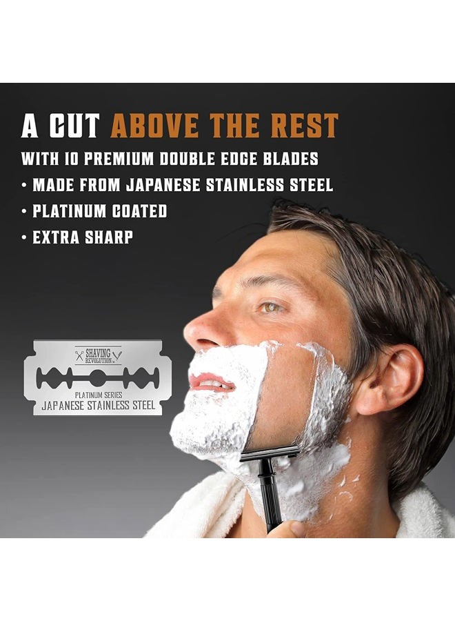SHAVING REVOLUTION شفرة حلاقة آمنة مزدوجة الحافة بمقبض طويل - شفرة مفتوحة على شكل فراشة مع 10 شفرات مزدوجة الحافة من الفولاذ المقاوم للصدأ الياباني - شفرة حلاقة قريبة ونظيفة للرجال، مقبض طويل أسود، مجموعة مكونة من 12 قطعة - Image 4