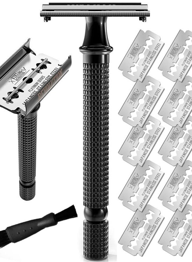 SHAVING REVOLUTION شفرة حلاقة آمنة مزدوجة الحافة بمقبض طويل - شفرة مفتوحة على شكل فراشة مع 10 شفرات مزدوجة الحافة من الفولاذ المقاوم للصدأ الياباني - شفرة حلاقة قريبة ونظيفة للرجال، مقبض طويل أسود، مجموعة مكونة من 12 قطعة - Image 1