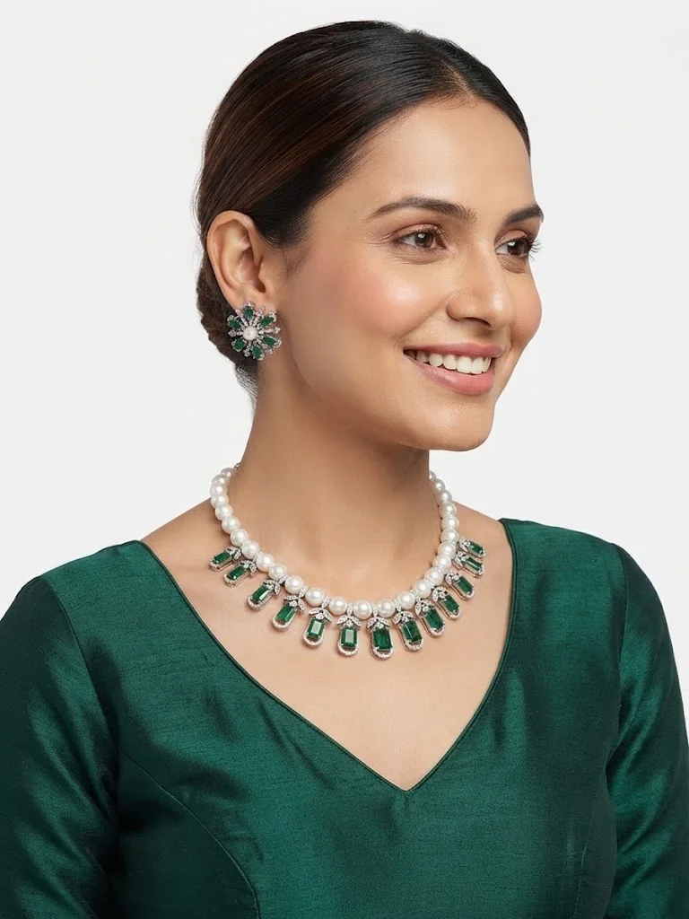 Viny Green Elegant American Diamond & Emerald Green Imitation Necklace Set for Women - Perfect for Parties, Weddings, & Festivals (Diwali, Eid) for Women | Best Price UAE