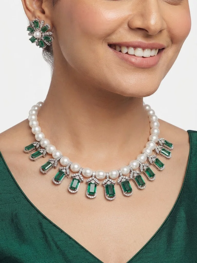 Viny Green Elegant American Diamond & Emerald Green Imitation Necklace Set for Women - Perfect for Parties, Weddings, & Festivals (Diwali, Eid) for Women | Best Price UAE