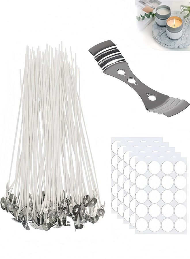 سينران 100 قطعة من القطن شمعة Wicks (10 سم) مع 100 قطعة من ملصقات Wick و 2 ثلاثة ثقب الشمع الأساسية تثبيتات، شمعة Wicks لصنع شمعة الركيزة والشمعة DIY - Image 1