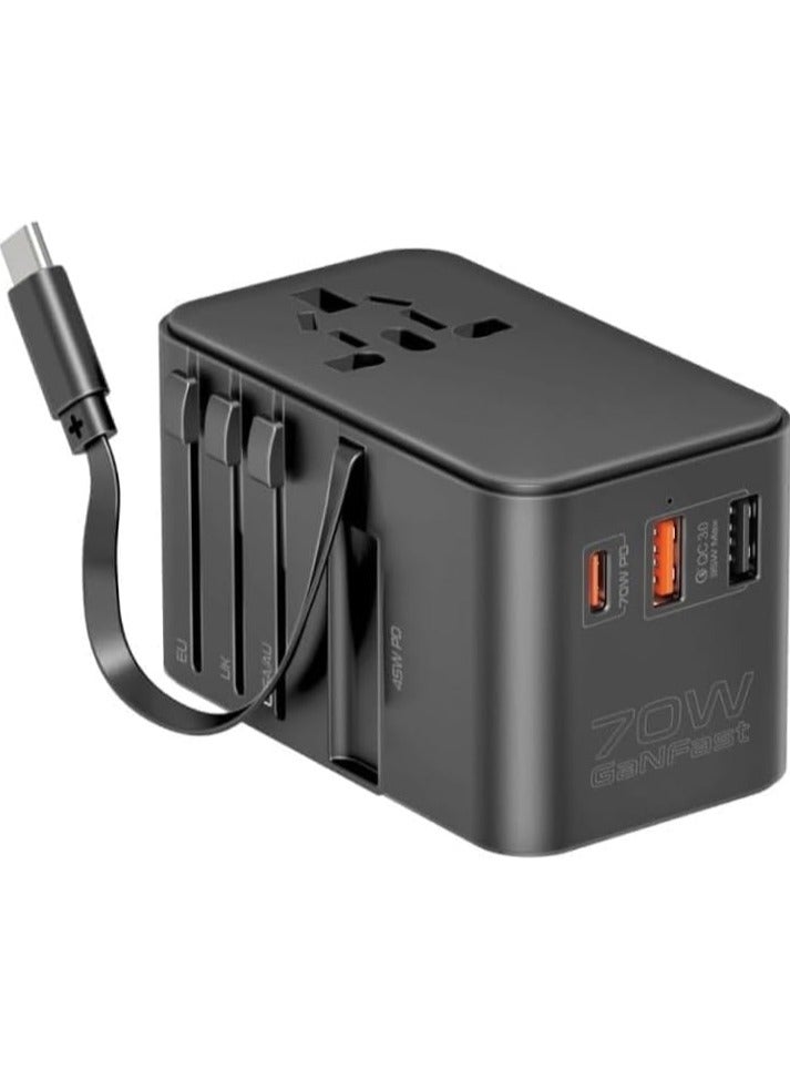 REBENUO TripMate-GaN70R Universal Travel Adapter with GaN Charger 2500W 70W USB-C Power 30W QC 3.0 Port & Built-In Retractable USB-C Cable for Rapid Charging for Smart Phones - Black - Image 1