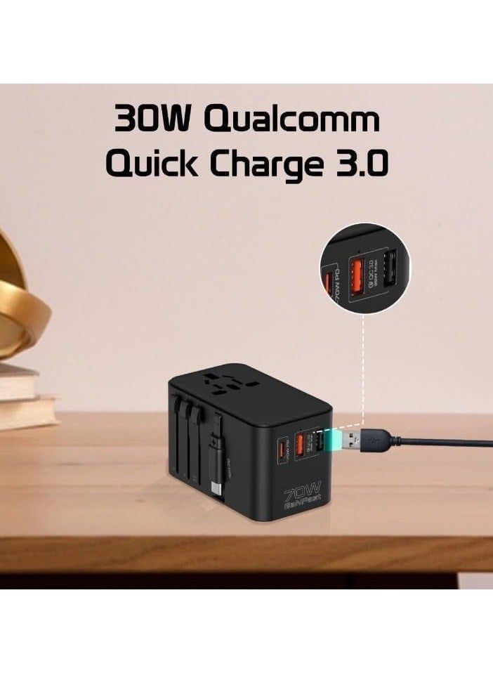 REBENUO TripMate-GaN70R Universal Travel Adapter with GaN Charger 2500W 70W USB-C Power 30W QC 3.0 Port & Built-In Retractable USB-C Cable for Rapid Charging for Smart Phones - Black - Image 3