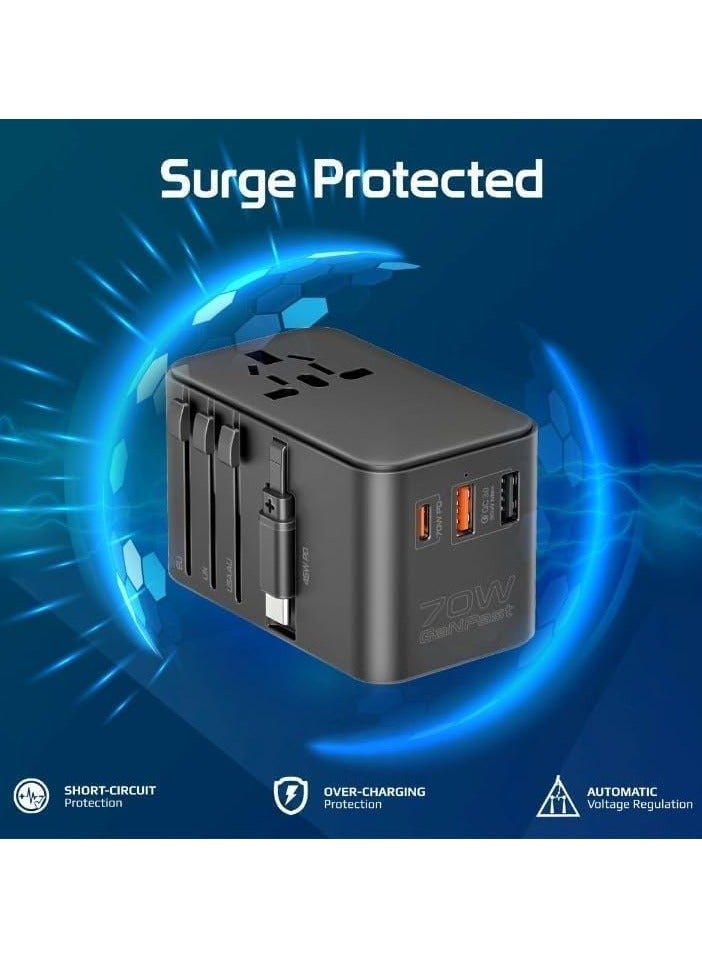 REBENUO TripMate-GaN70R Universal Travel Adapter with GaN Charger 2500W 70W USB-C Power 30W QC 3.0 Port & Built-In Retractable USB-C Cable for Rapid Charging for Smart Phones - Black - Image 4