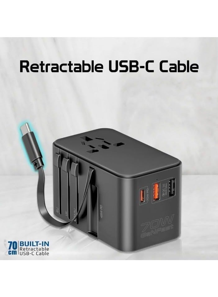 REBENUO TripMate-GaN70R Universal Travel Adapter with GaN Charger 2500W 70W USB-C Power 30W QC 3.0 Port & Built-In Retractable USB-C Cable for Rapid Charging for Smart Phones - Black - Image 5