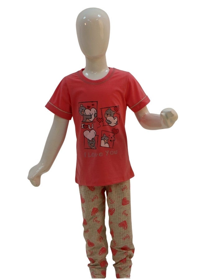 JOANNA JOANNA Girl's I Love You Print Short Sleeve Shirt & Long Pants Pajama Set, Fuchsia - Image 1