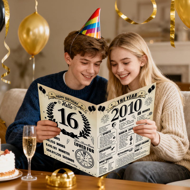 Uiorgui Large 16th Birthday Cards for Boys Girls, Vintage 2010 Happy 16th Birthday Greeting Card with Envelope Jumbo Sixteen Guest Book Hello 16 Decorations Gifts Party Supplies - Image 5