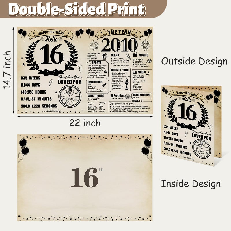 Uiorgui Large 16th Birthday Cards for Boys Girls, Vintage 2010 Happy 16th Birthday Greeting Card with Envelope Jumbo Sixteen Guest Book Hello 16 Decorations Gifts Party Supplies - Image 2
