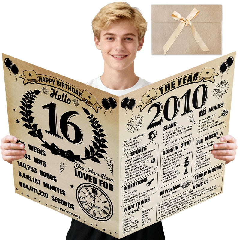 Uiorgui Large 16th Birthday Cards for Boys Girls, Vintage 2010 Happy 16th Birthday Greeting Card with Envelope Jumbo Sixteen Guest Book Hello 16 Decorations Gifts Party Supplies - Image 1