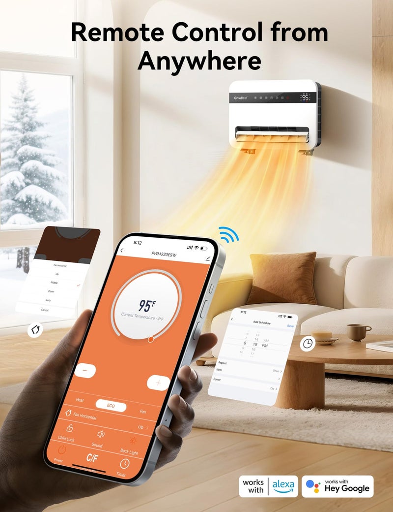 GiveBest -Wall-Heater-for-Indoor-Use, 1500W Electric-Space-Heater, 120Vertical Oscillation,Compatible with Alexa, Adjustable Thermostat, Remote Control, 24H Timer, Easy-mounted Heater for Indoor Use - Image 3