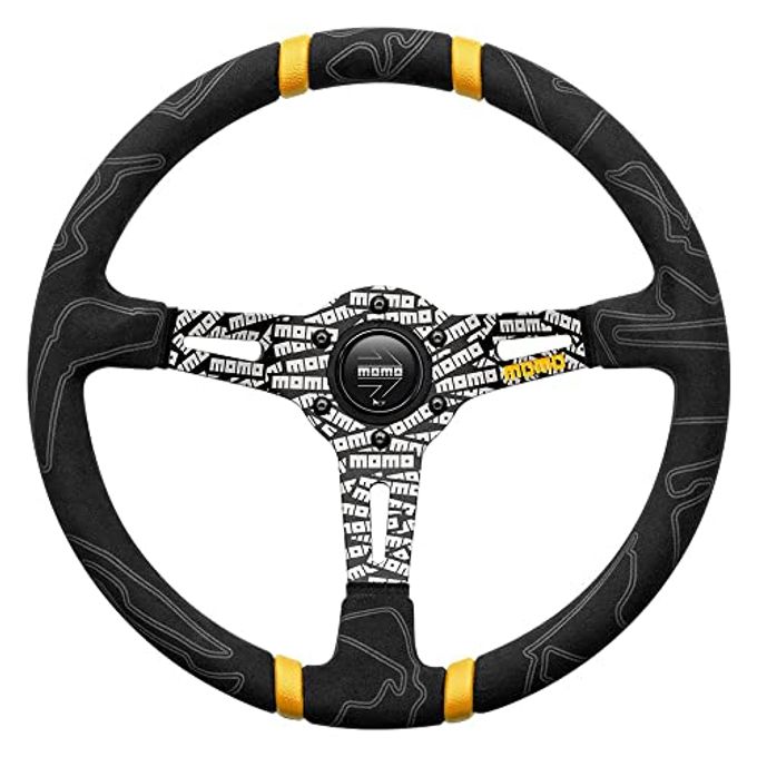 MOMO Motorsport Ultra Street Steering Wheel Black Premium Microfiber Grip Black Anodized W/Logo, Yellow Double Center Stripes, 350Mm - Image 1