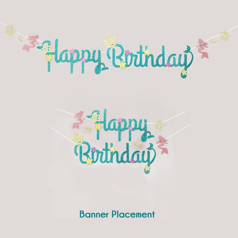 Happy Space - Glitter Mermaid Happy Birthday Banner, Mermaid Theme Party Supplies - Image 5