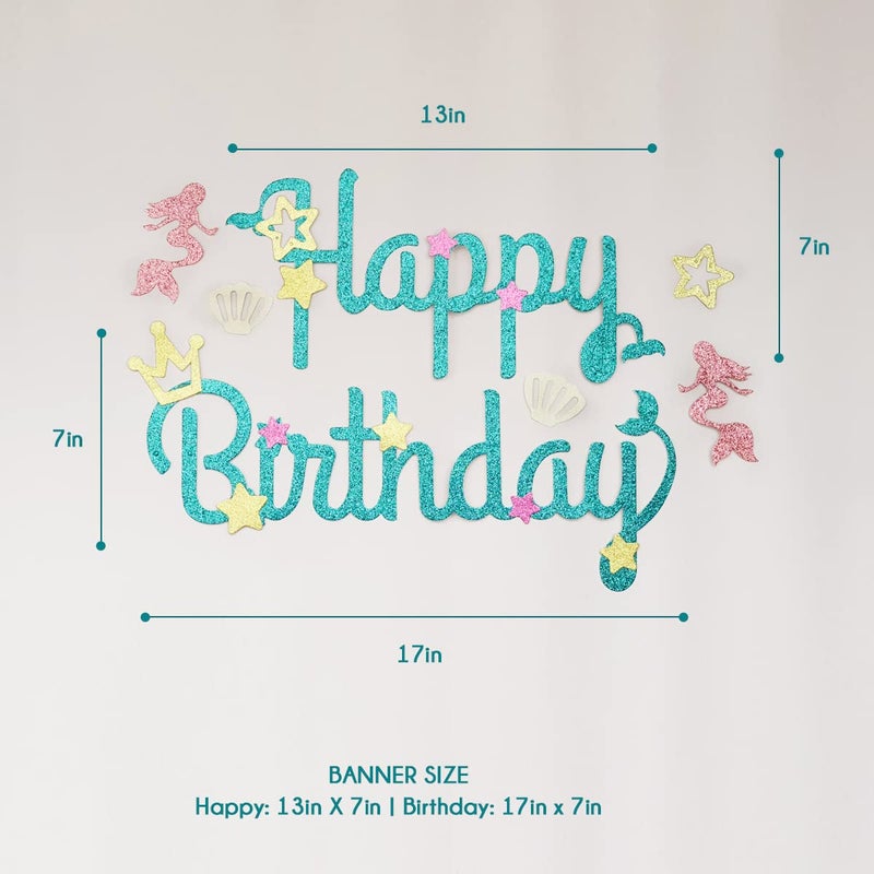 Happy Space - Glitter Mermaid Happy Birthday Banner, Mermaid Theme Party Supplies - Image 3