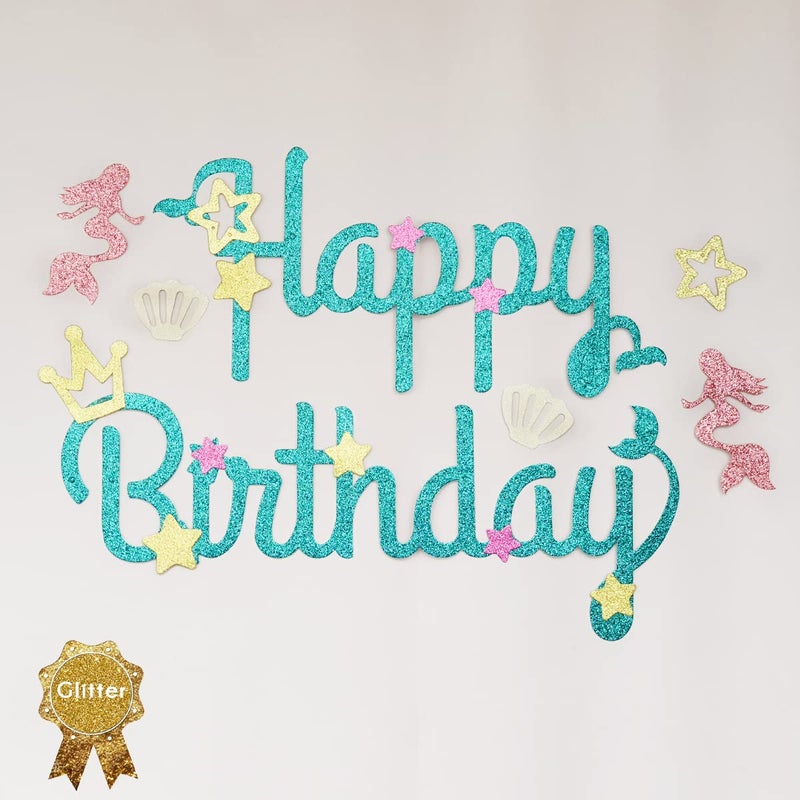 Happy Space - Glitter Mermaid Happy Birthday Banner, Mermaid Theme Party Supplies - Image 2