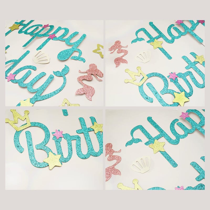 Happy Space - Glitter Mermaid Happy Birthday Banner, Mermaid Theme Party Supplies - Image 4