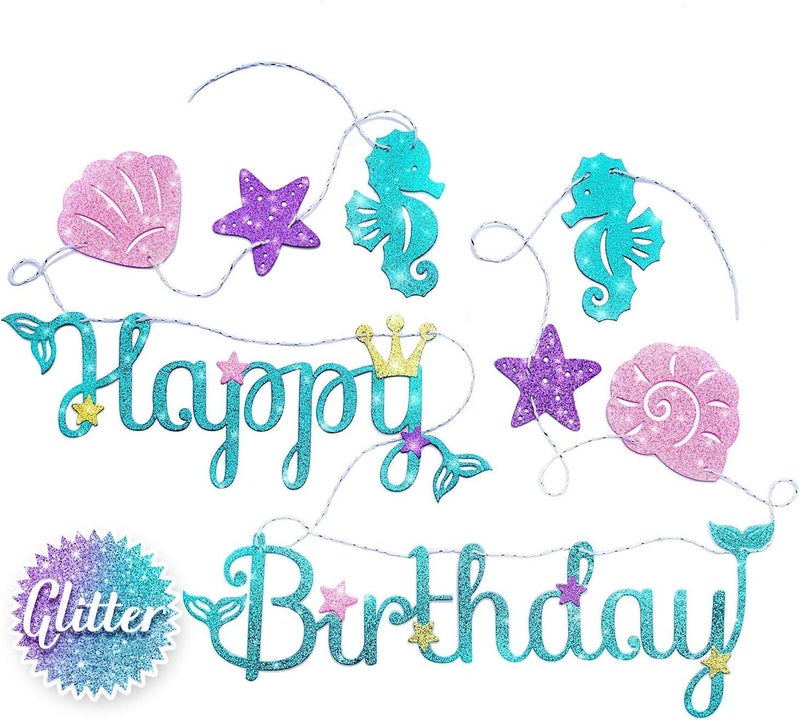 Happy Space - Glitter Mermaid Happy Birthday Banner, Mermaid Theme Party Supplies - Image 1