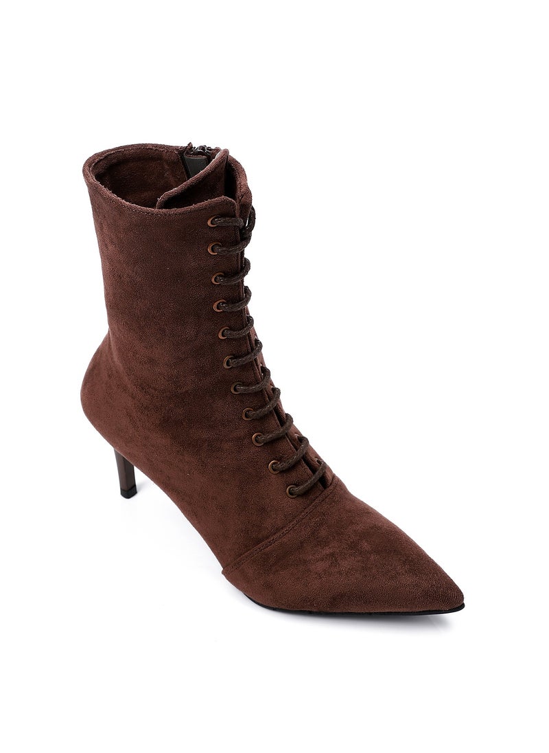 Mr.joe - Lace Up and Zipper Closure Pointed Toecap Ankel Boots - Mocha Brown - Image 1
