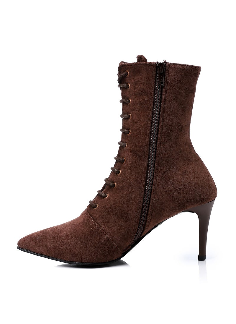 Mr.joe - Lace Up and Zipper Closure Pointed Toecap Ankel Boots - Mocha Brown - Image 1