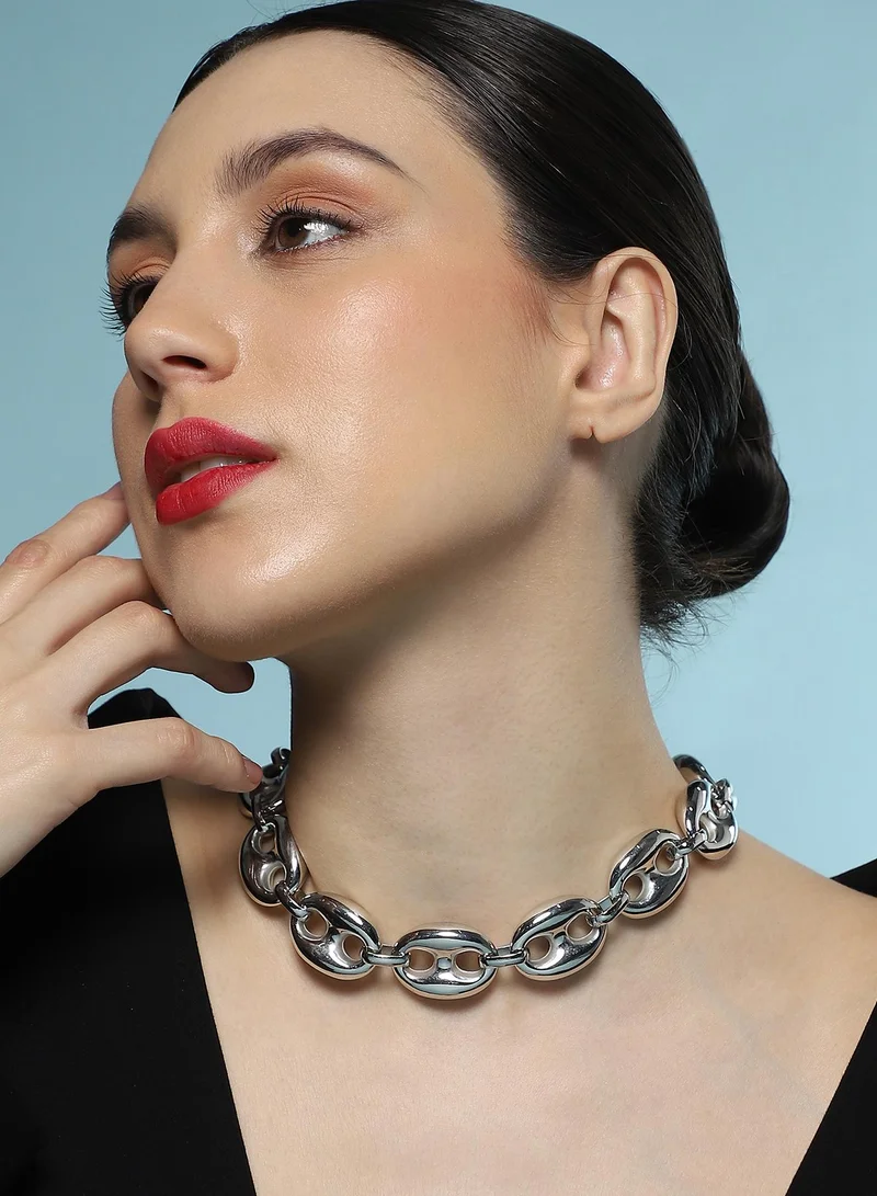 Sohi  Women The Chunky Coffee-Bean Chain Necklace | Chrome  Colour | One-Size | Metallic Alloy Material | Lobster Clasp Closure | Necklace For Casual & Evening Wear for Women | Best Price UAE