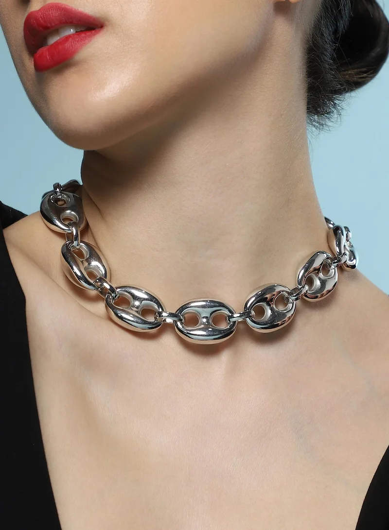 SOHI Women The Chunky Coffee-Bean Chain Necklace | Chrome  Colour | One-Size | Metallic Alloy Material | Lobster Clasp Closure | Necklace For Casual & Evening Wear