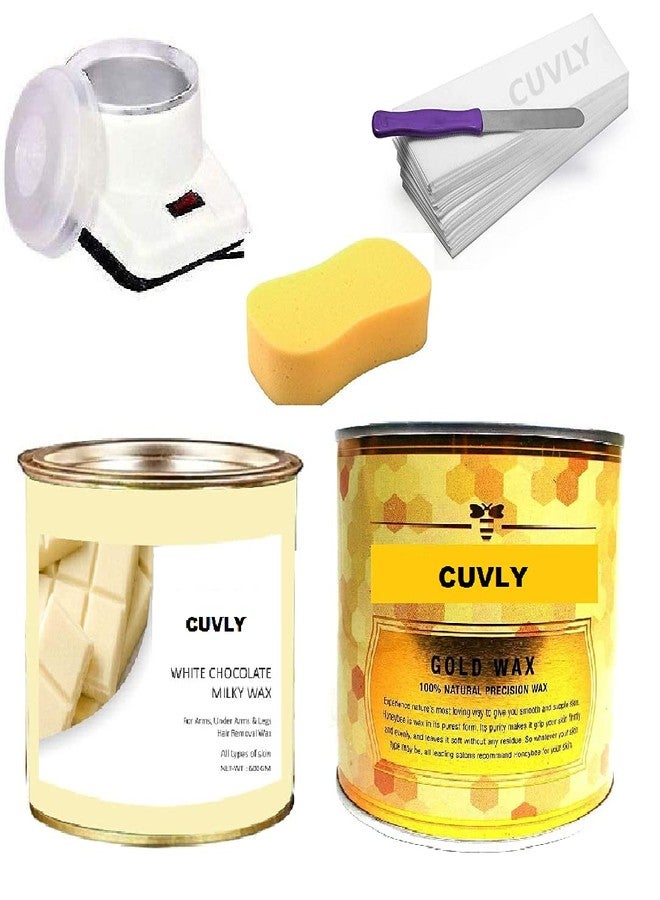 CUVLY Women Waxing Kit | White Chocolate & Gold Wax (600 Gm Each) + Wax Strips (70) + Wax Spatula & Sponge - Image 1
