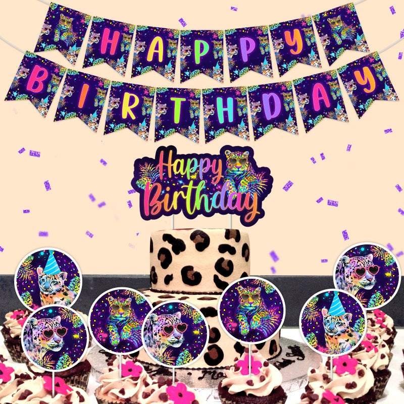 Cheereveal Rainbow Cheetah Birthday Decorations for Boys Girls - Leopard Print Happy Birthday Backdrop, Cheetah Wild Cake Cupcake Toppers, Jungle Safari Animal Theme Party Supplies - Image 3