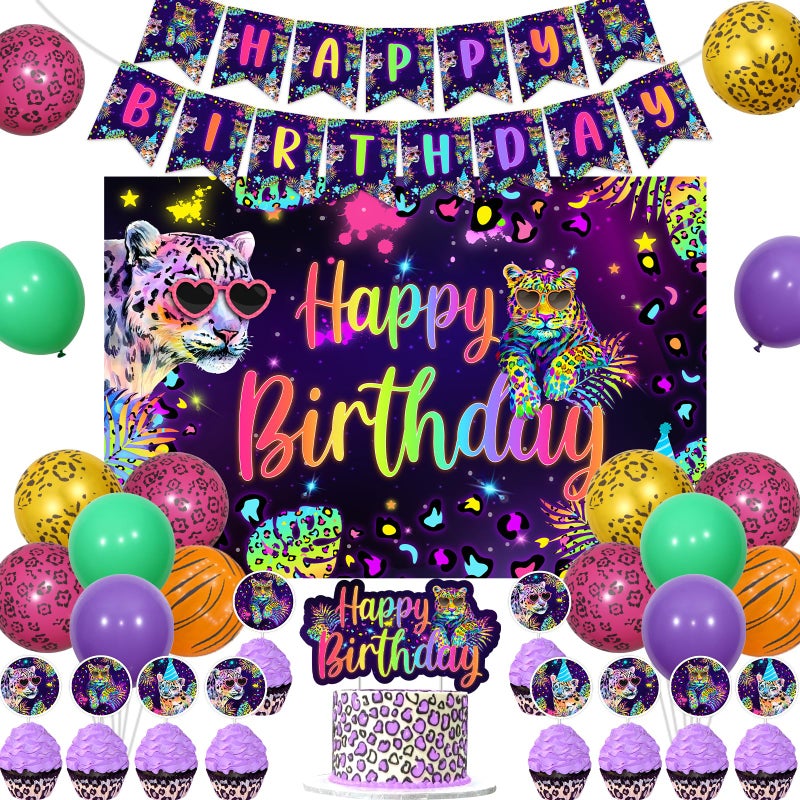 Cheereveal Rainbow Cheetah Birthday Decorations for Boys Girls - Leopard Print Happy Birthday Backdrop, Cheetah Wild Cake Cupcake Toppers, Jungle Safari Animal Theme Party Supplies - Image 1