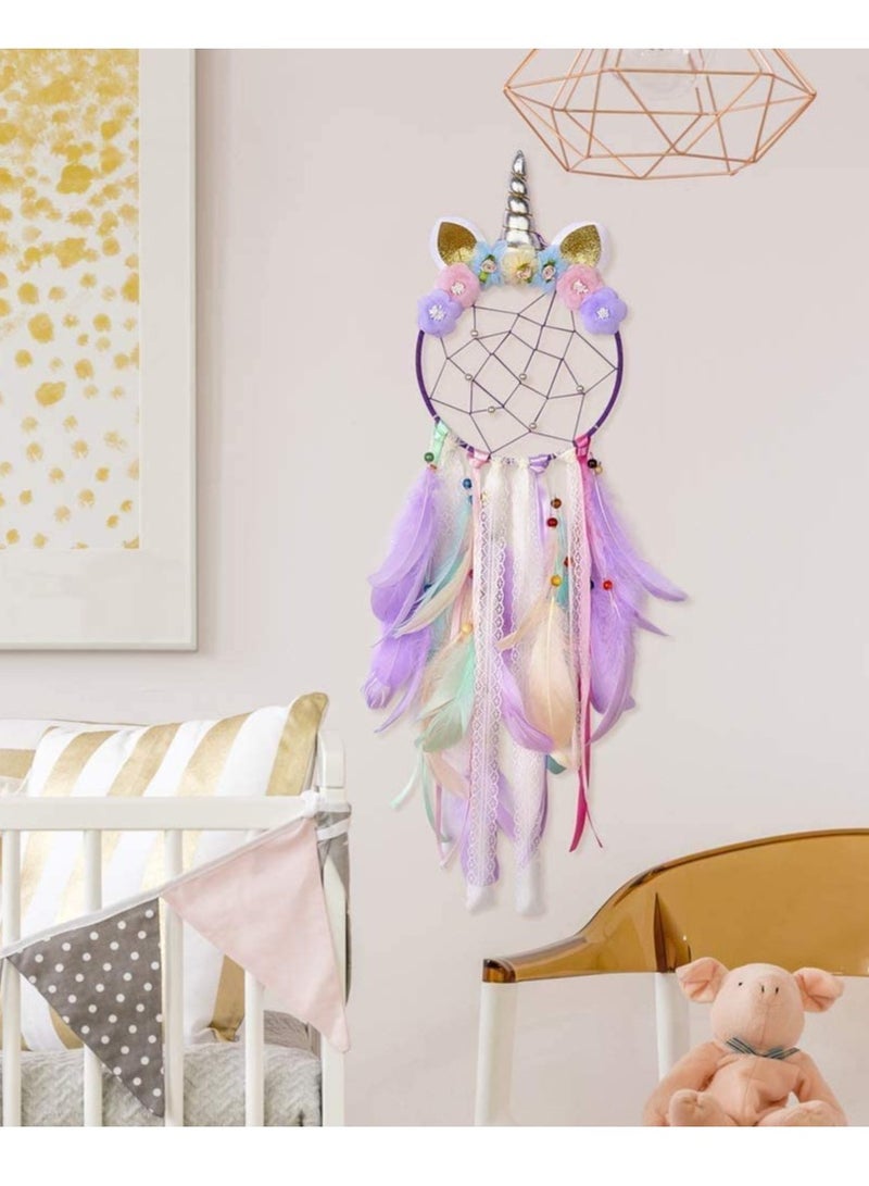 SYOSI Unicorn Dream Catcher Wall Decor Cute Feather Dreamcatcher Wall Hanging for Bedrooms Party Royal Purple Feathers Traditional Crochet Design Feather Tassels Flower - Image 3