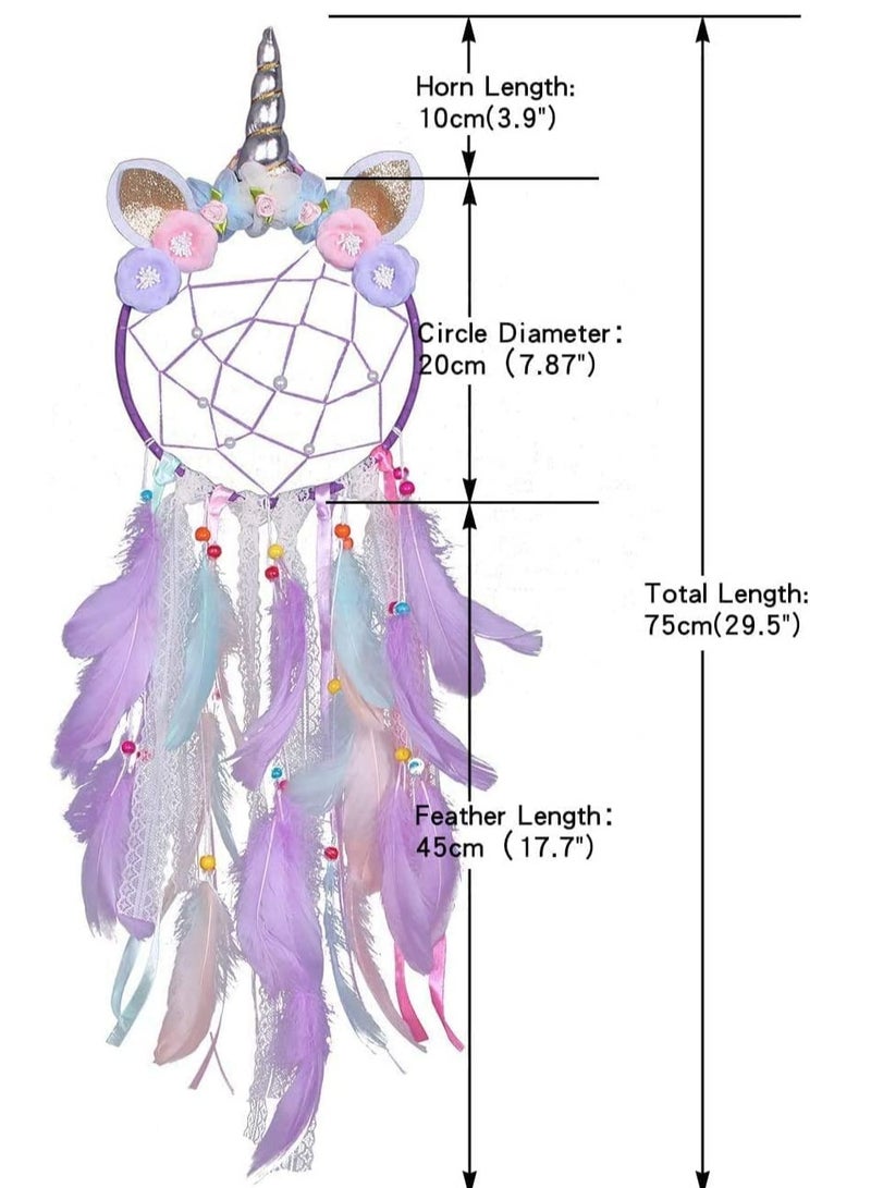 SYOSI Unicorn Dream Catcher Wall Decor Cute Feather Dreamcatcher Wall Hanging for Bedrooms Party Royal Purple Feathers Traditional Crochet Design Feather Tassels Flower - Image 2