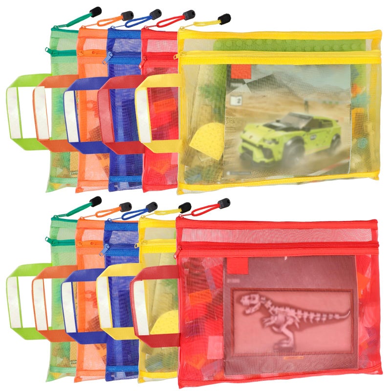 TrueLux 10 Pack 5 Color Mesh Zipper Pouch Bags, Nylon Puzzle Building Block Sets Toy Storage & Organization, Breathable See Through A4 Zipper Pouch with Handle for School Games - Image 1