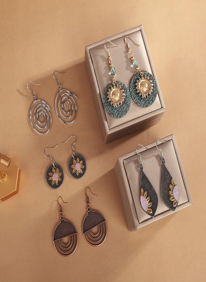 FIFATA 9 Pairs Boho Vintage Earrings Sunflower Geometric Round Retro Ethnic Style Statement Spiral Dangle Earring PU Leather Wooden Earrings for Women Teen Girls - Image 5