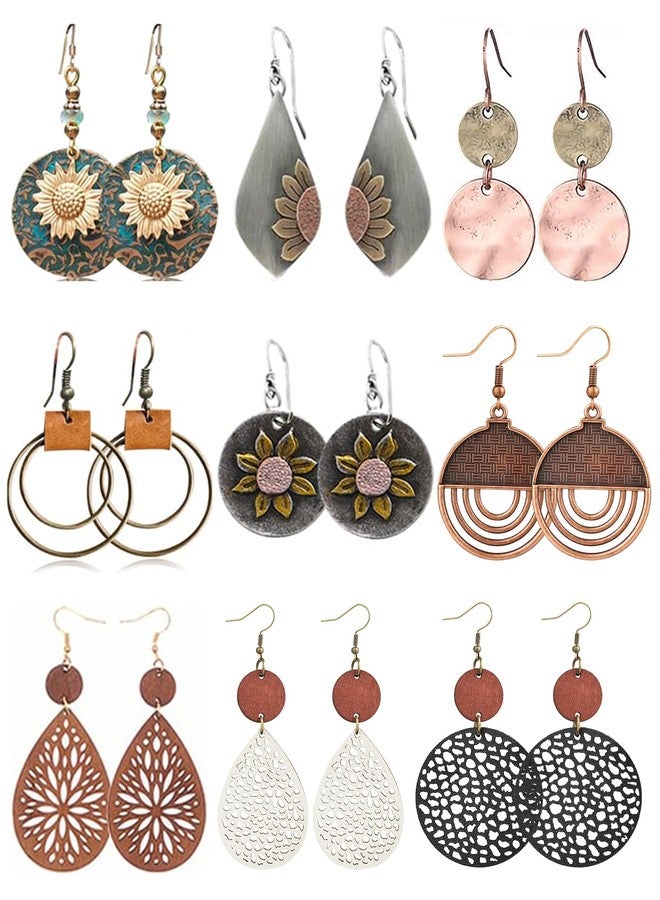 FIFATA 9 Pairs Boho Vintage Earrings Sunflower Geometric Round Retro Ethnic Style Statement Spiral Dangle Earring PU Leather Wooden Earrings for Women Teen Girls - Image 1