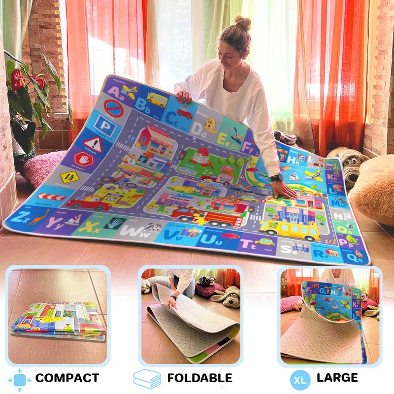 QUOKKA ABC Floor Play Mat - Extra Thick 0.3 in Non-Slip Padded Nursery Rug with City Design for Babies Toddlers & Kids - Super Soft Plush Mat for Playroom - Foldable Gift for Boys and Girls - Image 4