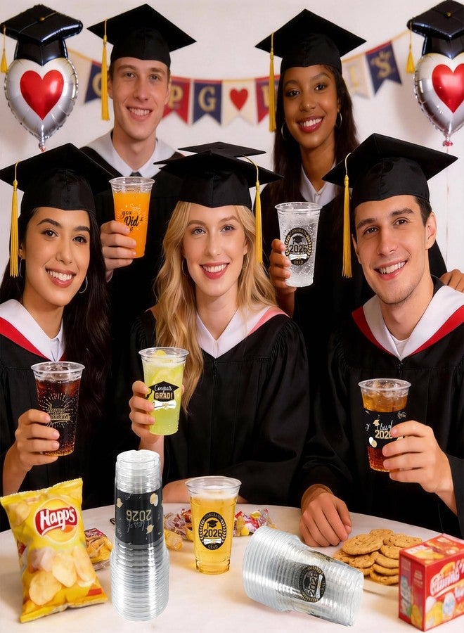 CUPLOOV 50 Pack Graduation Decorations Class of 2026, 16 Oz Black and Gold Clear Plastic Cups Disposable Party Cups for Drinks 2026 School Grad Party Favors Supplies - Image 2