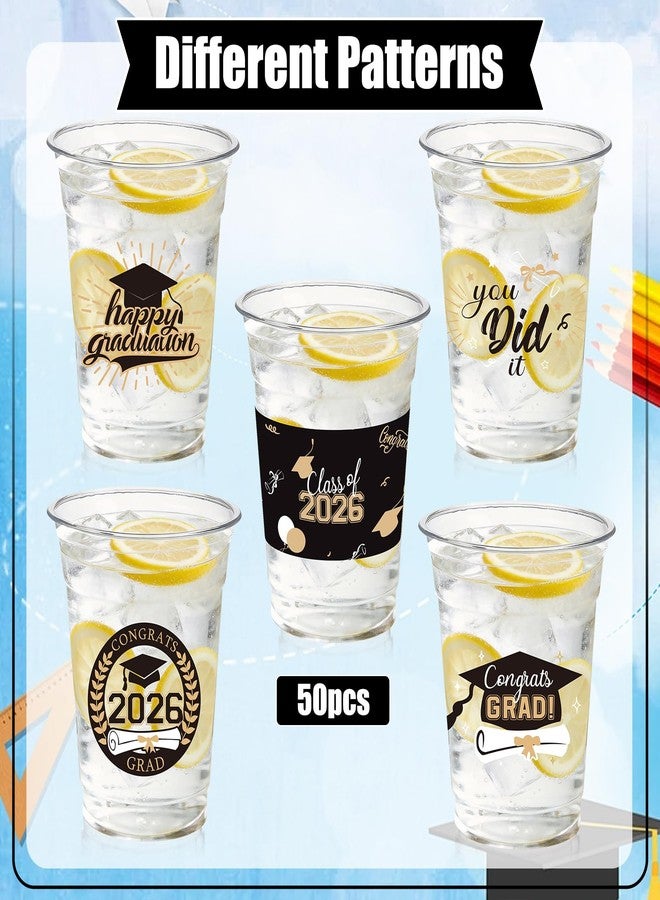 CUPLOOV 50 Pack Graduation Decorations Class of 2026, 16 Oz Black and Gold Clear Plastic Cups Disposable Party Cups for Drinks 2026 School Grad Party Favors Supplies - Image 3
