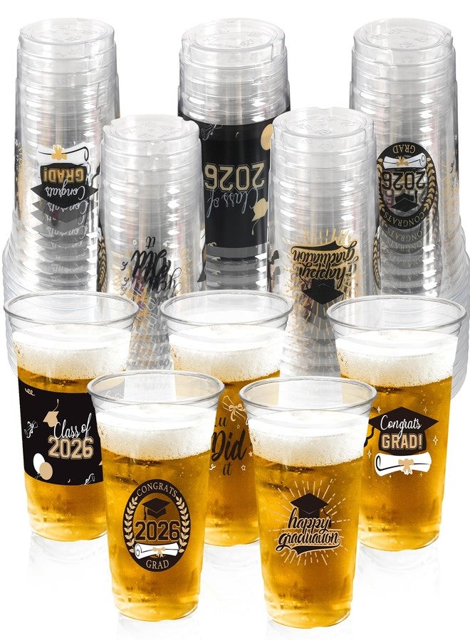CUPLOOV 50 Pack Graduation Decorations Class of 2026, 16 Oz Black and Gold Clear Plastic Cups Disposable Party Cups for Drinks 2026 School Grad Party Favors Supplies - Image 1