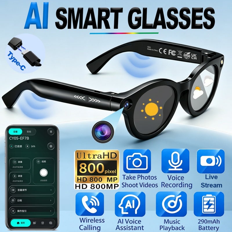 AI Smart Camera Glasses, 800MP HD Hands‑Free Video Recording, 140‑Language Real‑Time Instant Translation, Bluetooth Wireless Call, AI Voice Assistant, Open‑Ear Audio Smart Eyewear for Travel, Business, Daily Vlog‑Recording - Image 3